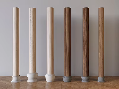 Various Designed Wooden Columns With White And Gray Bases Arranged In A Row Indoor 3d model