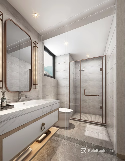Stylish New Chinese Style Bathroom With Marble Vanity Toilet And Bronze Framed Glass Shower Enclosure 3d model 
