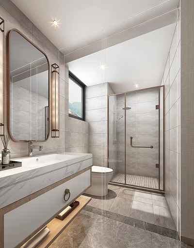 Stylish New Chinese Style Bathroom With Marble Vanity Toilet And Bronze Framed Glass Shower Enclosure 3d model