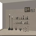 Decorative Ornament Set With Assorted Black Candle Holders White Candles And Wooden Shelves