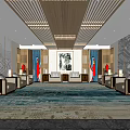 Chinese Style Hotel Public Lounge With Lattice Ceiling Ink Painting And Red Flags