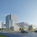 Modern Office Building With Glass Curtain Wall Landscaped Gardens And Cars On Adjacent Road