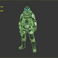 Futuristic Character In Biomechanical Armor Standing With Glowing Blue Visor And Weapon