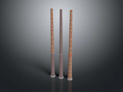 Three Textured Cylindrical Columns With Colored Bands On Dark Reflective Background 3d model