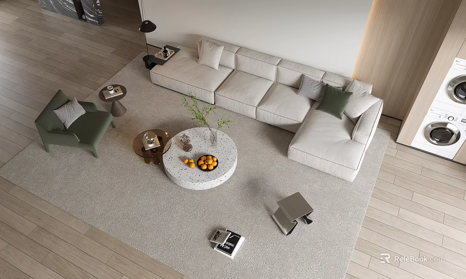 Modern Sofa Coffee Table Set With Round Stone Top Fruit Bowl Plant And Area Rug 3d model 