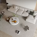 Modern Sofa Coffee Table Set With Round Stone Top Fruit Bowl Plant And Area Rug