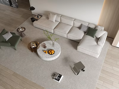 Modern Sofa Coffee Table Set With Round Stone Top Fruit Bowl Plant And Area Rug 3d model