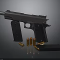 Black Modern Pistol With Shiny Bullets And Magazine On Reflective Surface