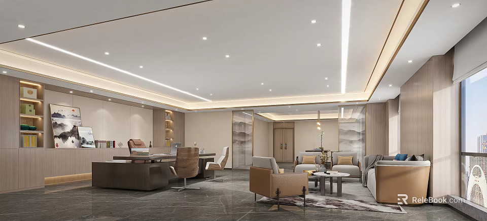 Modern Office Open Layout With Work Desk Sofa Bookshelf Chandelier Carpet And Marble Floor 3d model 