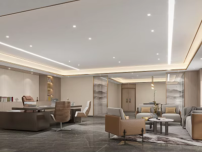 Modern Office Open Layout With Work Desk Sofa Bookshelf Chandelier Carpet And Marble Floor 3d model