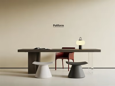 Modern Poliform Desk With Books Table Lamp Red Chair And Stools 3d model