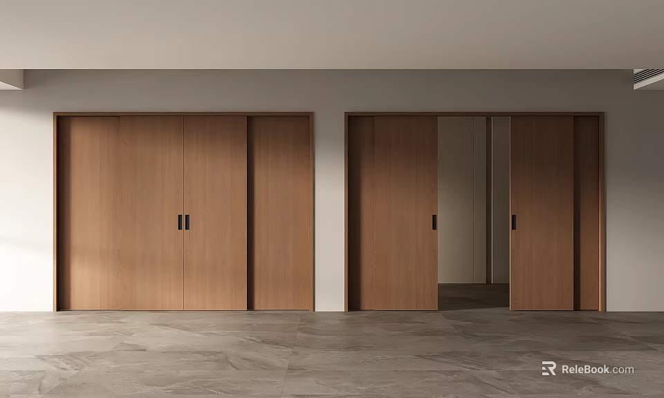 Wooden Sliding Doors With Black Handles In Modern Interior Space Gray Tile Floor 3d model 