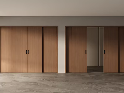 Wooden Sliding Doors With Black Handles In Modern Interior Space Gray Tile Floor 3d model