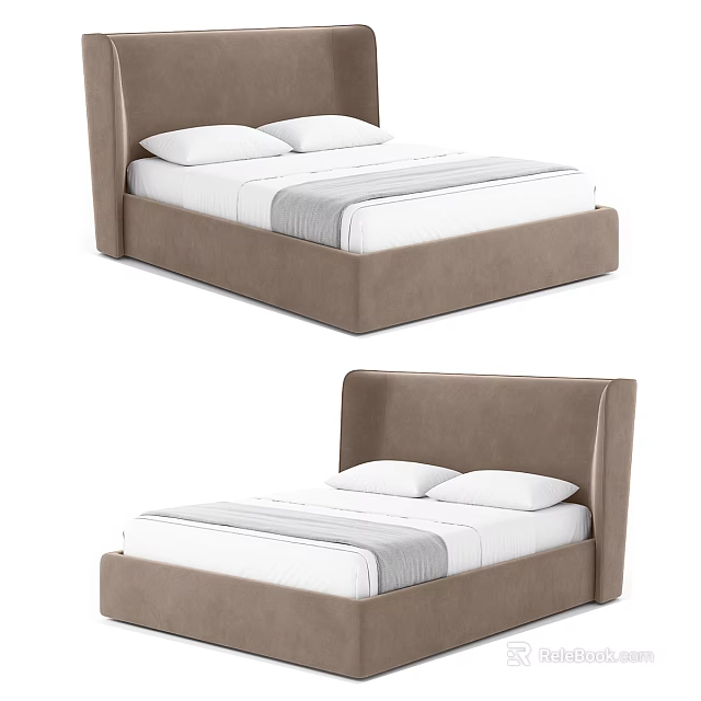 Modern Double Bed With Upholstered Headboard Beige Frame And White Striped Bedding 3d model 