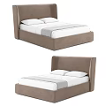 Modern Double Bed With Upholstered Headboard Beige Frame And White Striped Bedding 3d model