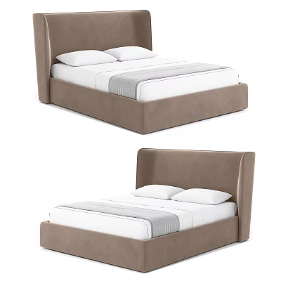 Modern Double Bed With Upholstered Headboard Beige Frame And White Striped Bedding 3d model