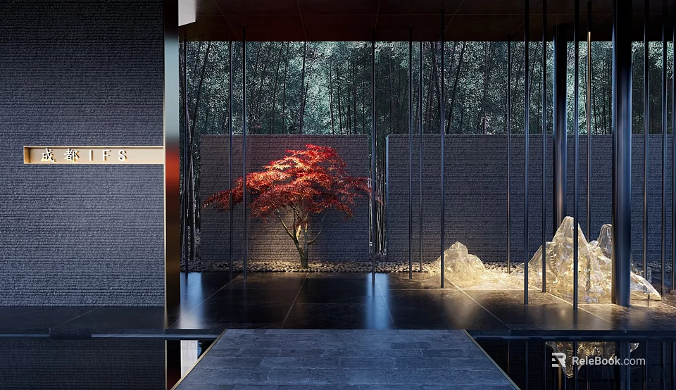Stylish Garden Ornament with Red Maple Tree Bamboo Forest Black Walls Stone Floor Water Feature 3d model 