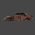 Rusted Abandoned Old Car With Open Doors And Damaged Roof Exterior