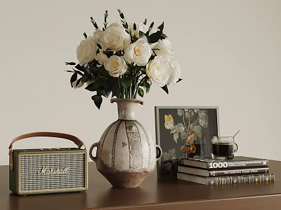 Vintage Radio Ceramic Vase With White Roses Stack Of Books Coffee Cup And Art Print 3d model