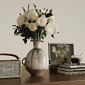 Vintage Radio Ceramic Vase With White Roses Stack Of Books Coffee Cup And Art Print