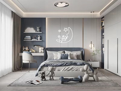 Modern Kids Room Interior Design With Bed Desk Stuffed Toys And Moon Star Wall Decor 3d model