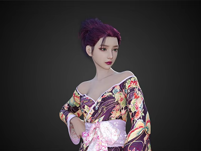 Woman with purple updo hairstyle in floral kimono and pink obi sash on dark background 3d model