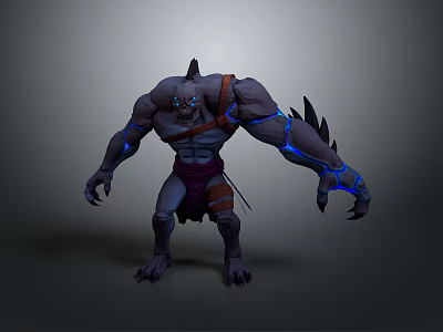 Muscular Monster Character With Blue Glowing Veins Spiked Back Red Loincloth And Ferocious Stance 3d model
