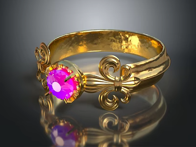 Elegant Gold Ring With Pink Gemstone And Ornate Decorative Patterns 3d model