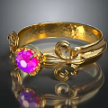 Elegant Gold Ring With Pink Gemstone And Ornate Decorative Patterns 3d model