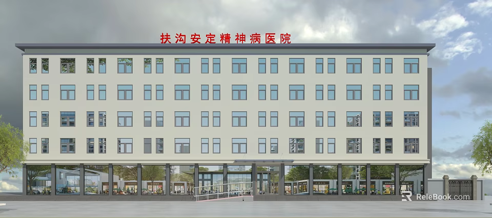 Fugou Anding Psychiatric Hospital Building Exterior Design With Windows Main Entrance And Plaza 3d model 