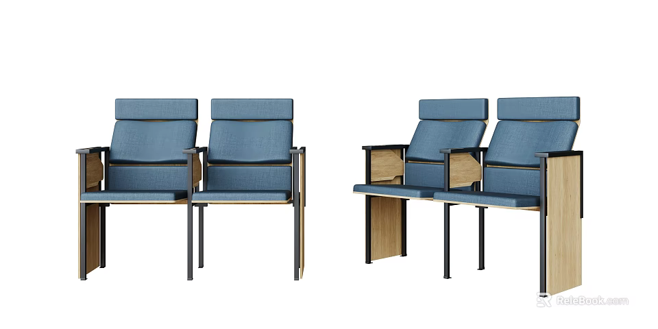 Modern Office Chairs With Blue Upholstery Wooden Armrests And Metal Frames 3d model 