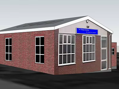 Community Health Center Building With Red Brick Walls Multiple Windows Gray Roof And Blue Sign 3d model