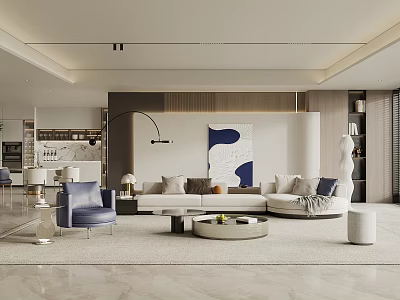 Modern Living and Dining Room Interior With Sofa Coffee Table Artwork Floor Lamp and Rug 3d model