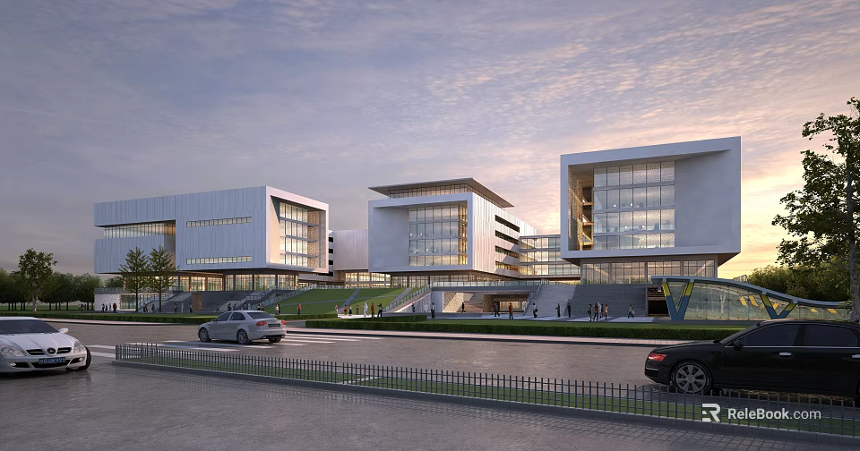Multiple Modern Office Buildings With Glass Curtain Walls Green Lawn Pedestrians And Sunset Sky 3d model 