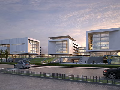Multiple Modern Office Buildings With Glass Curtain Walls Green Lawn Pedestrians And Sunset Sky 3d model