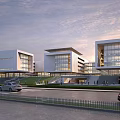 Multiple Modern Office Buildings With Glass Curtain Walls Green Lawn Pedestrians And Sunset Sky