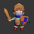 Man wearing orange knight armor holding orange sword and red blue shield with blue cape