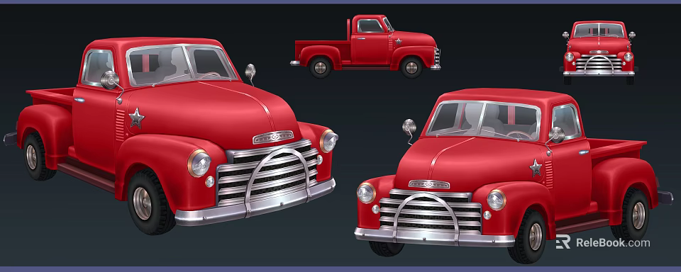 Red Vintage Cars And Truck Displayed From Front And Side Views 3d model 
