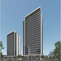 Modern High Rise Office Building Exterior Featuring Glass Curtain Wall And Trees