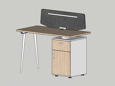 Modern Office Desk with Wooden Top White Legs Black Back Panel and Storage Cabinet 3d model