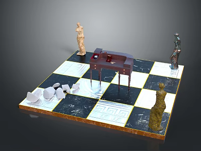 Small Dark Wooden Table on Chessboard With Statues And Broken White Items 3d model
