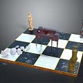 Small Dark Wooden Table on Chessboard With Statues And Broken White Items