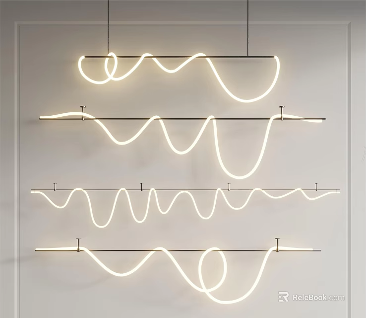 Modern Wave Shaped LED Pendant Chandelier Hanging In Minimalist Interior Design 3d model 