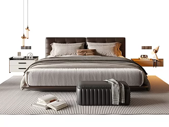 Modern Italian Double Bed Leather Double Bedside Table Chandelier Carpet 3d model