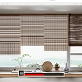 Natural Bamboo Blinds On Window With Plants Tea Set And Scenic View