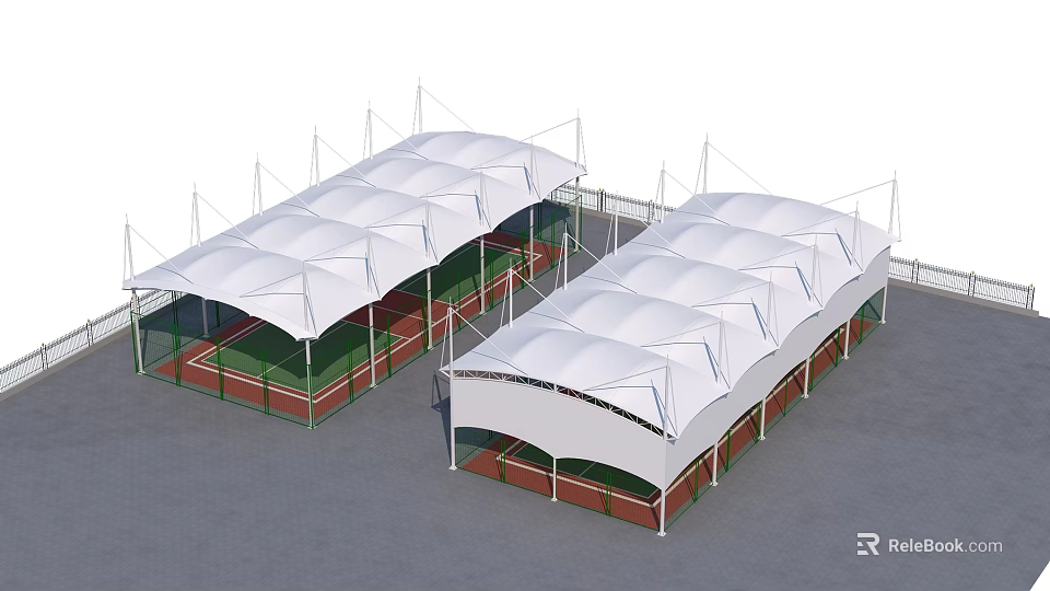 Outdoor Tennis Courts With White Membrane Roof Green Fencing And Red Surface 3d model 