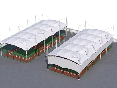 Outdoor Tennis Courts With White Membrane Roof Green Fencing And Red Surface 3d model