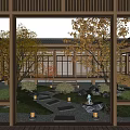 Traditional Japanese Courtyard Garden With Wooden Building Autumn Trees Stone Path And Greenery