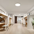 School Dormitory Interior With Bunk Beds Desks Chairs Wooden Floor Window And Plant