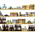 Display Shelves Featuring Assorted Food Products Canned Goods Bottled Beverages And Boxed Items